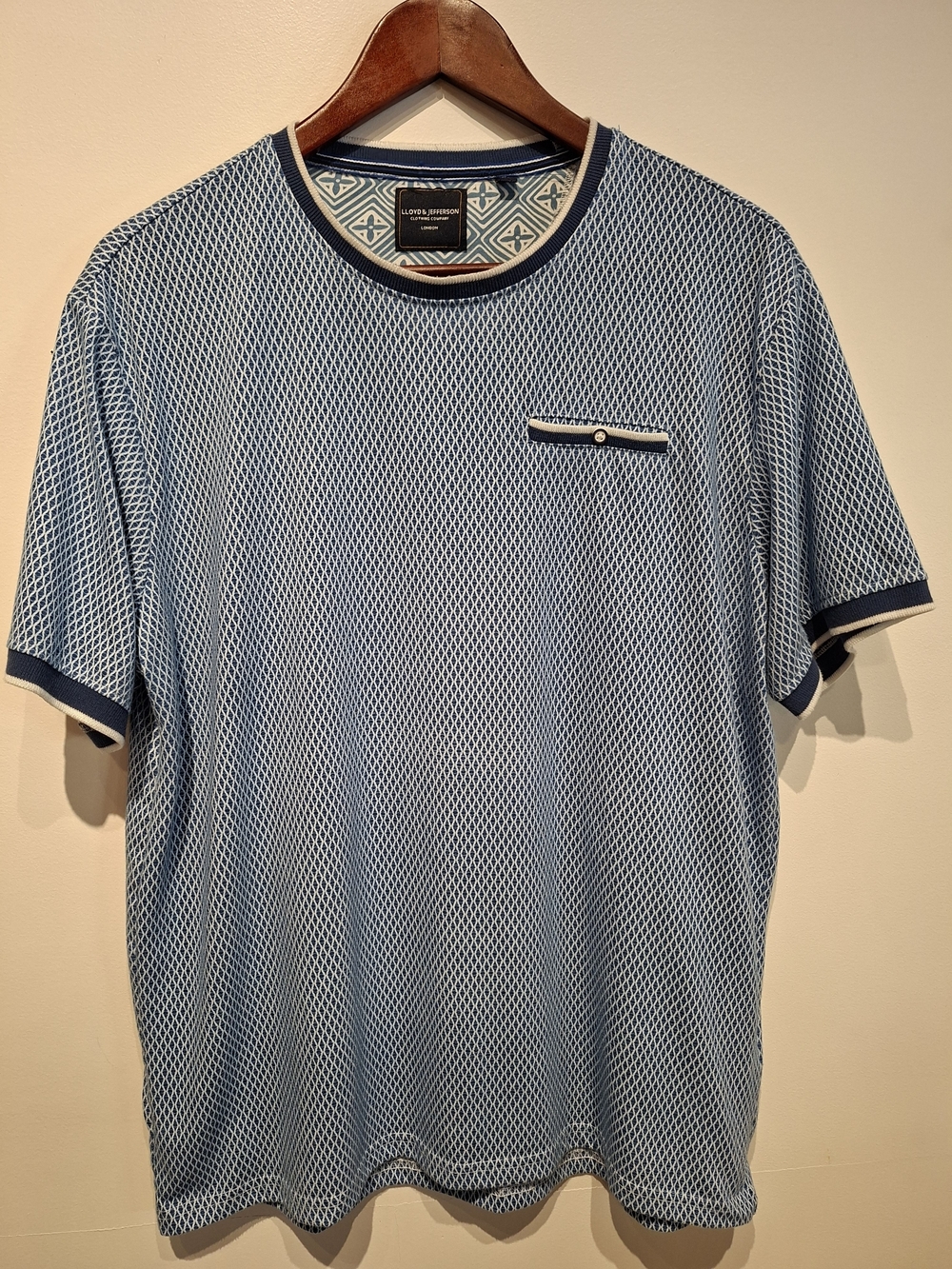 Light Blue Geometric Short Sleeve Crew Tee with Navy Trim by Lloyd & Pryce